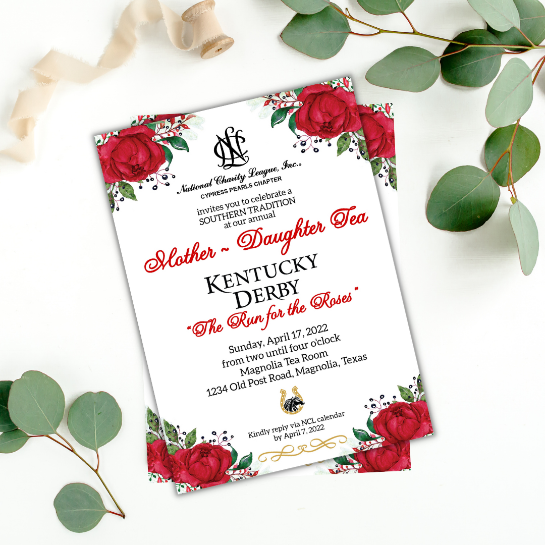 NCL Marketplace Rose and Eucalyptus Kentucky Derby Horizontal Invitation, image size:1080x1080