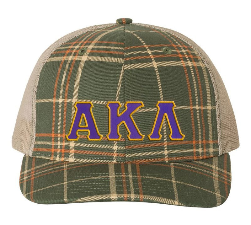 Alpha Kappa Lambda PLAID SNAPBACK TRUCKER HAT - PP Thyme Green/Toast/Khaki