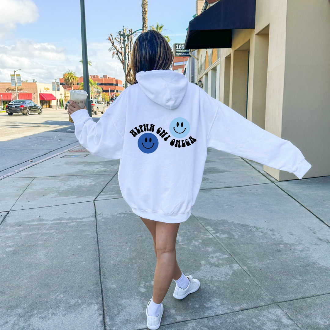 Shop Alpha Chi Wavy Blue Smiley White Hoodie