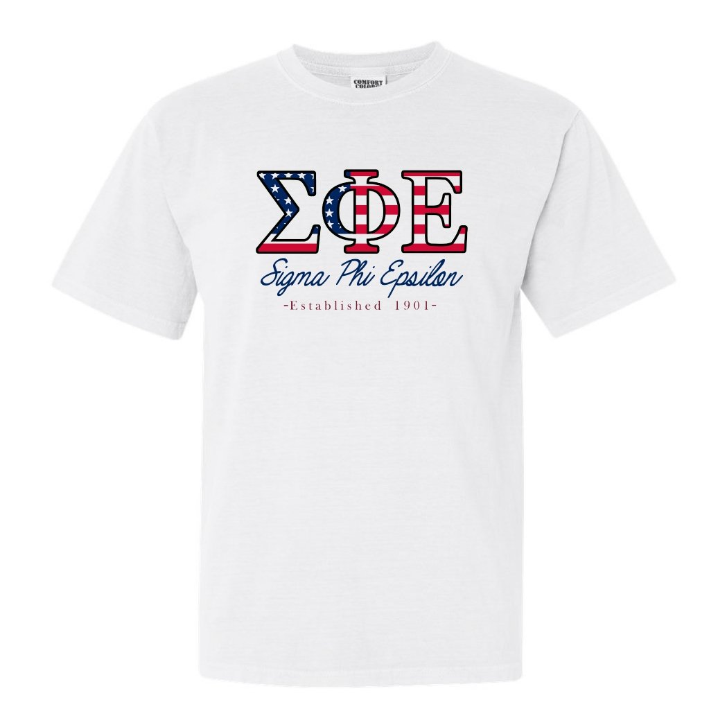 Sigma Phi Epsilon Comfort Colors T-Shirt - American Flag Letters Shirt
