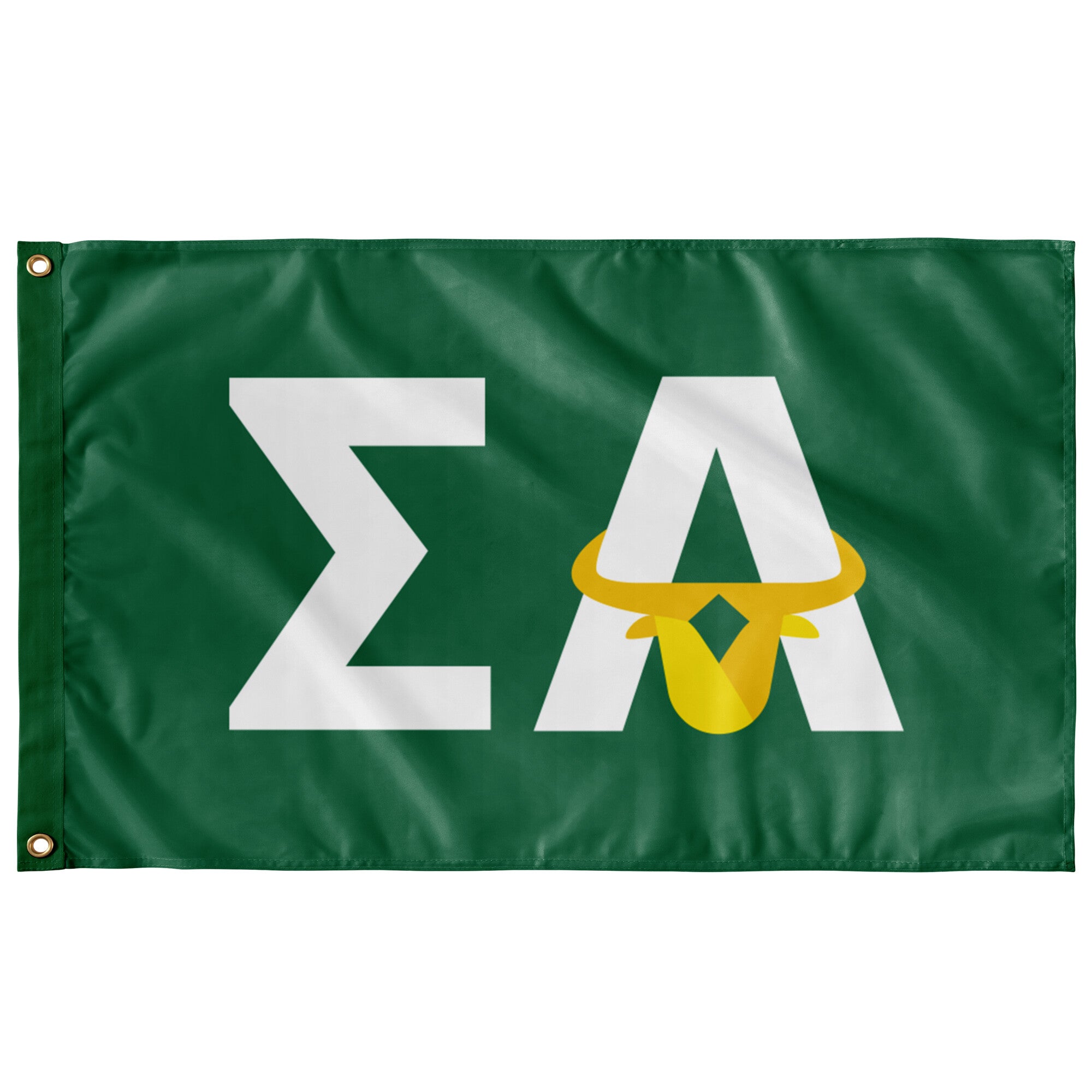 green flag with white letters