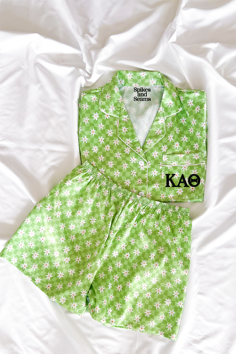 Shop Kappa Alpha Theta Greek Letter Green Daisy Checkered pajamas